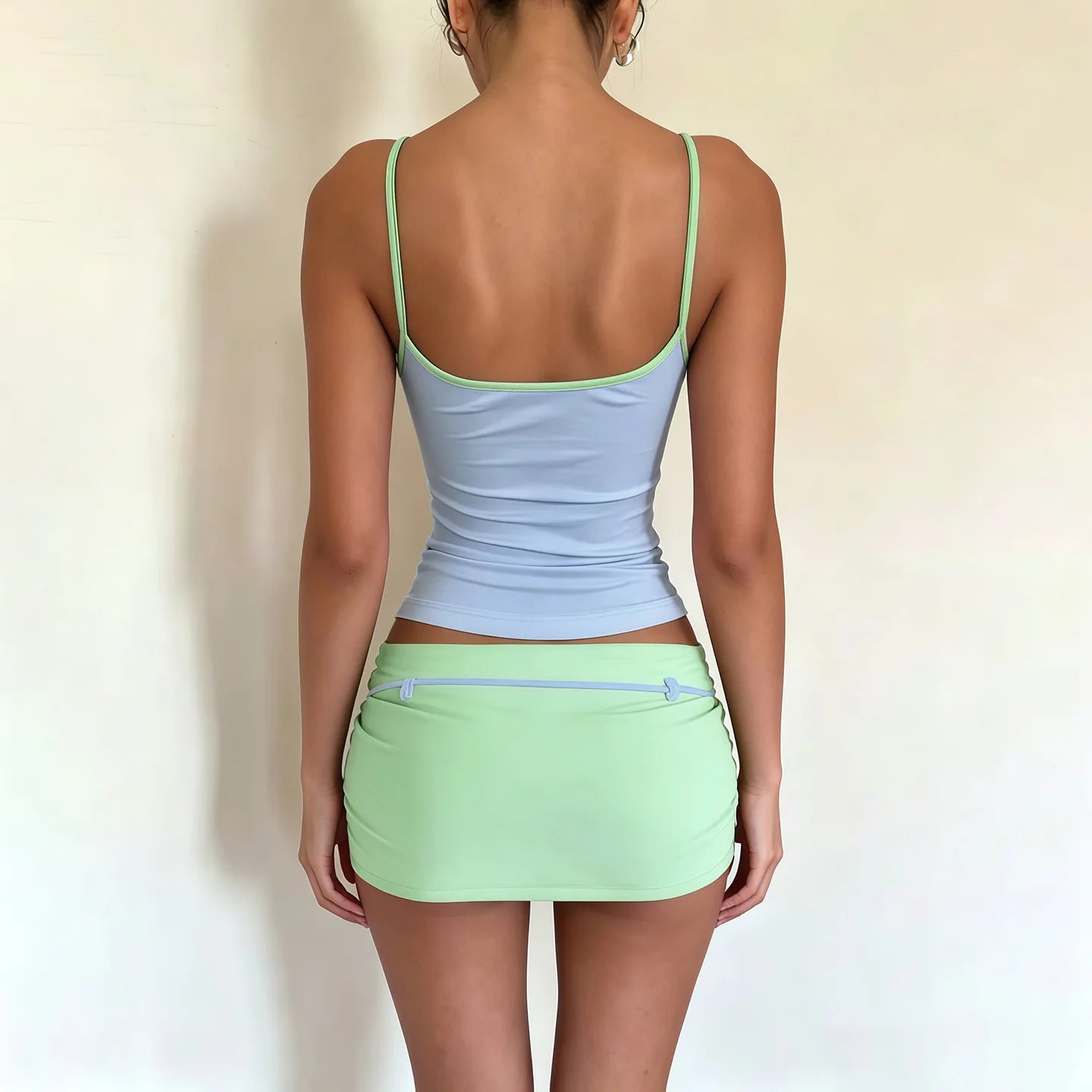 Color Blocking Two Piece Set Backless Camisole And Tassel Skirt for Women
