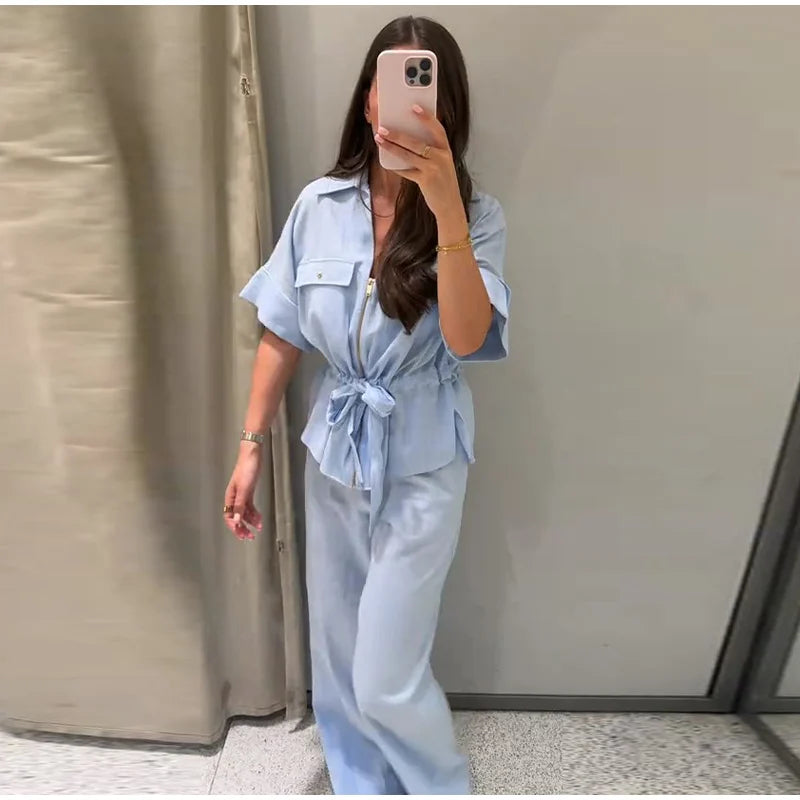Casual Solid Chic Coat And Wide Leg Trouser Set for Women