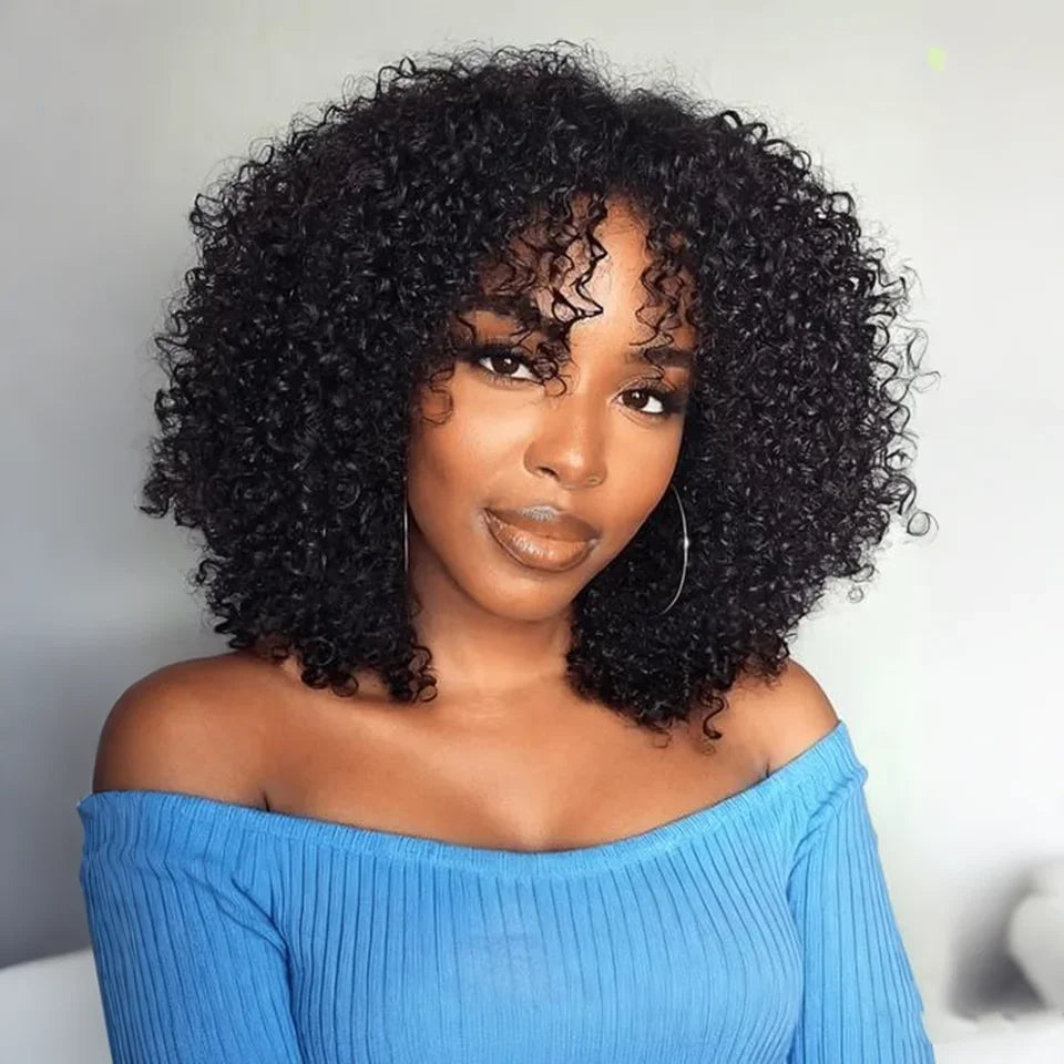 Natural Afro Kinky Curly Bob Wig With Bangs for Women