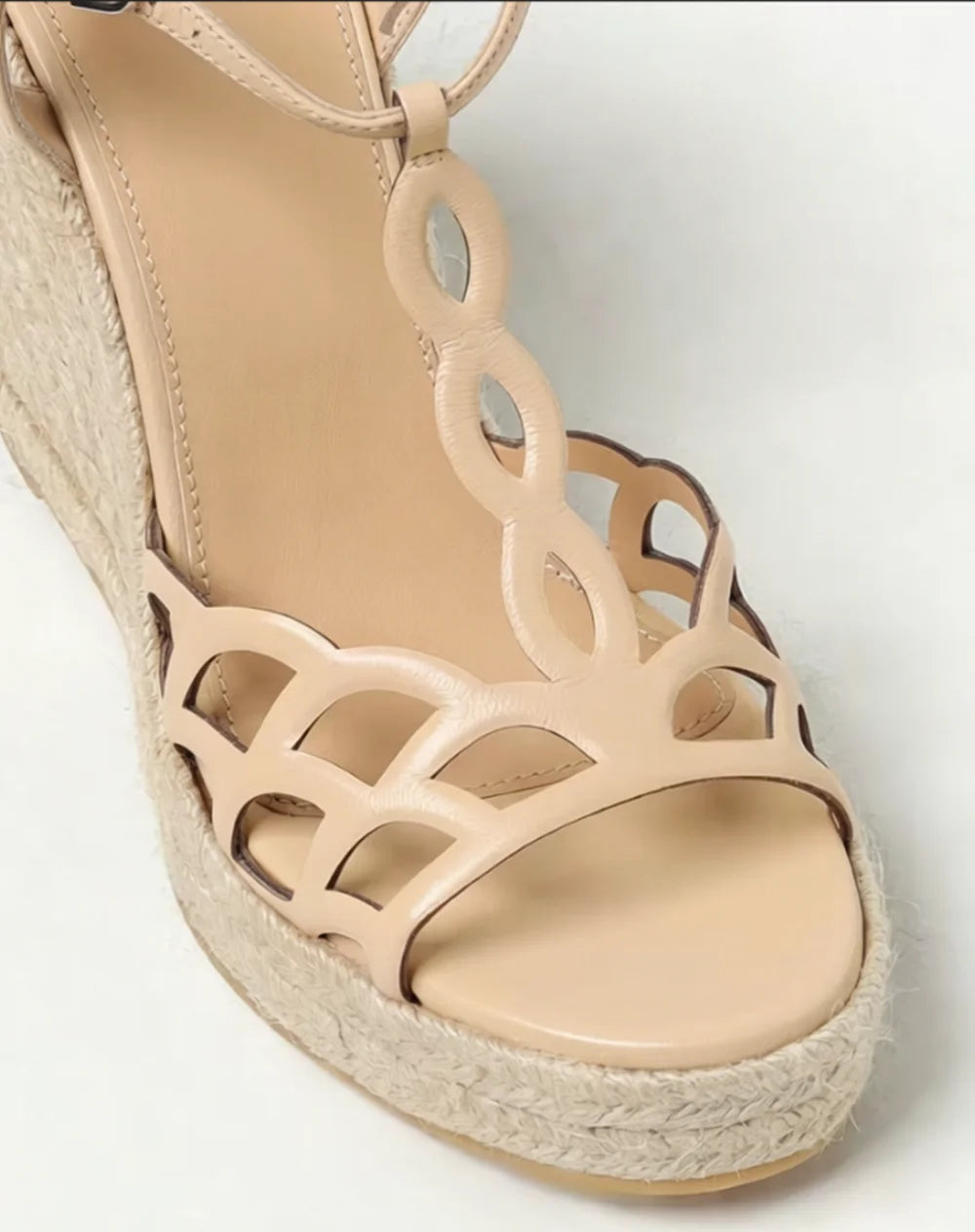 Leather Cutout T Strap Wedge Sandals