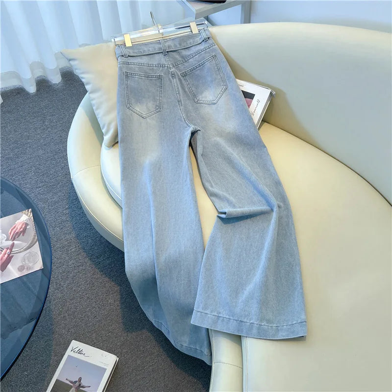 Fashion High Waist  Belt Jeans for Womrn Korean Versatile Loose Light Blue Denim Pants Retro Design Sense Wide Leg Trousers