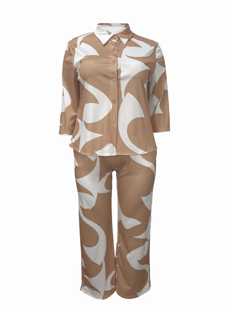 Wmstar Plus Size Two Piece Set Women Wholesale Print Pants Sets  Button Shirts Top and Flared Trousers New in Summer 2025