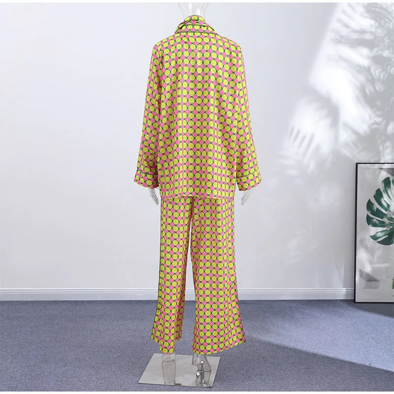 Geometric Printed Wide Leg Loose Pants Set for Women
