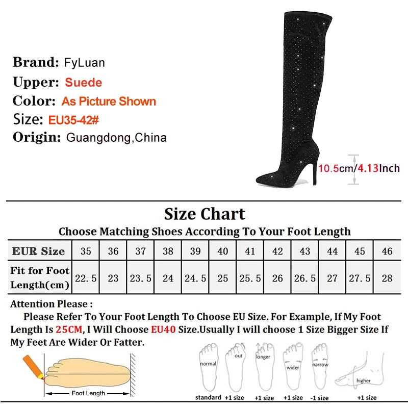 Stylish Suede Over The Knee Rhinestone Pointed Toe High Heel Boots for Women