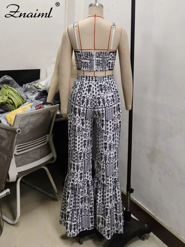 Znaiml Sexy Spaghetti Strap Backless Crop Top and Flare Pants 2 Pieces Set Woman Fashion Black White Print African Outfits 2025