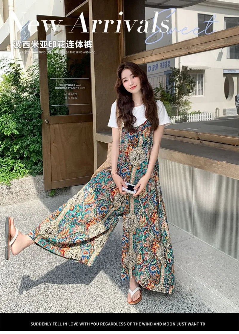 Vintage Bohemian Printed Wide Leg Casual Jumpsuit For Women