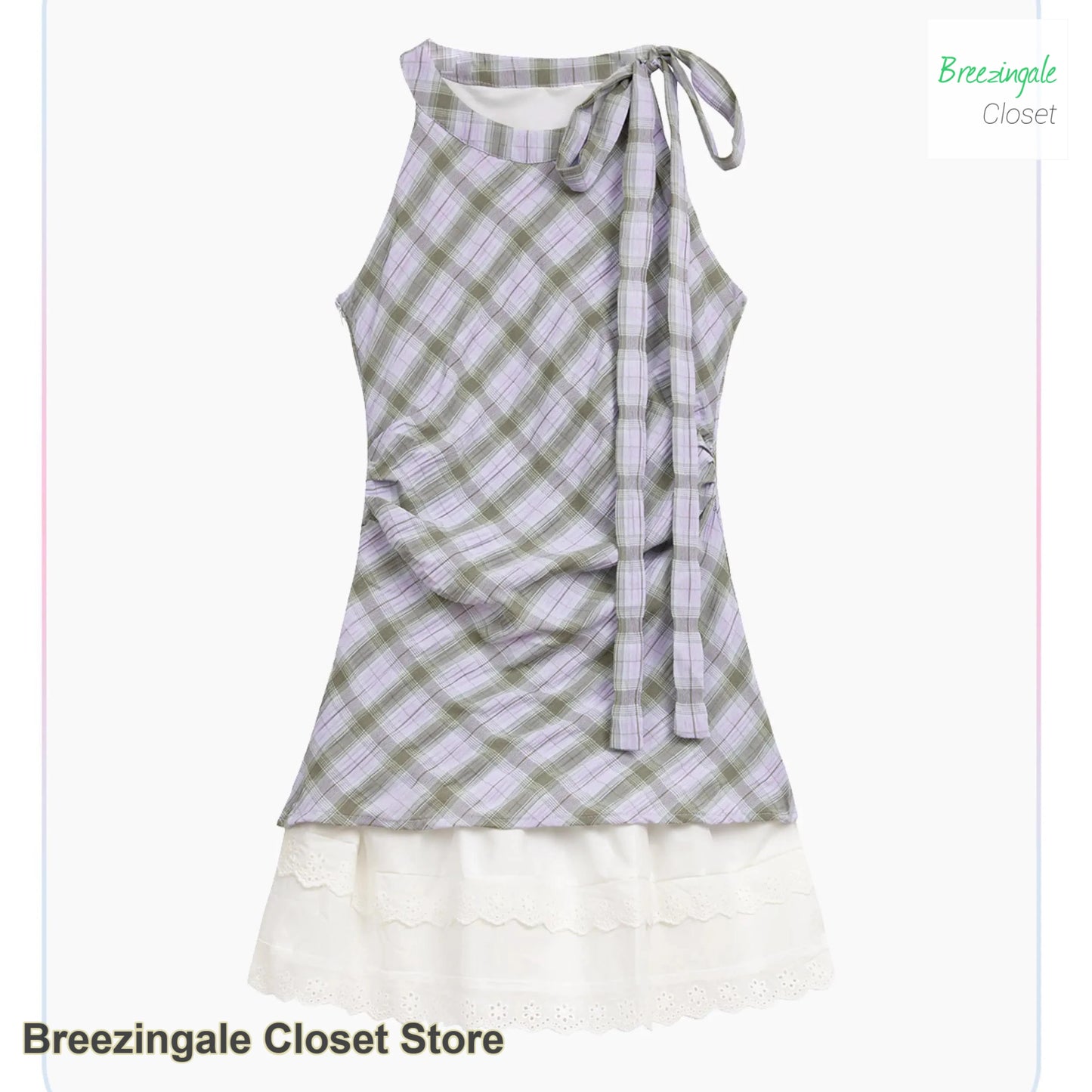 Korean Plaid Lace Plaid Hanging Neck Fake Two-Piece Shirt Women's Summer New Stacked Sleeveless Shirt Design Sense Small Top