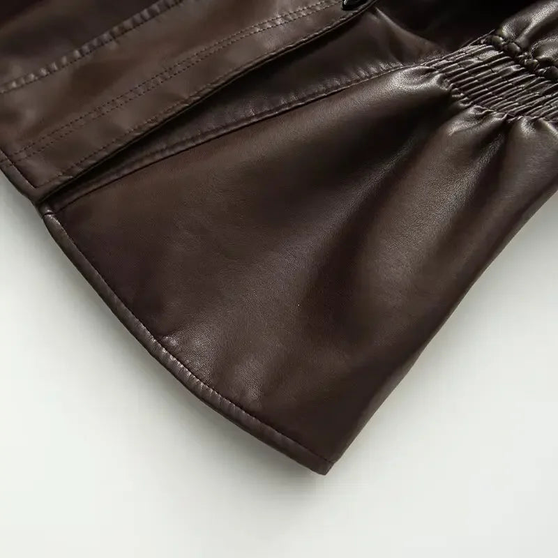 Cropped Oversized Black Leather Bomber Jacket for Women