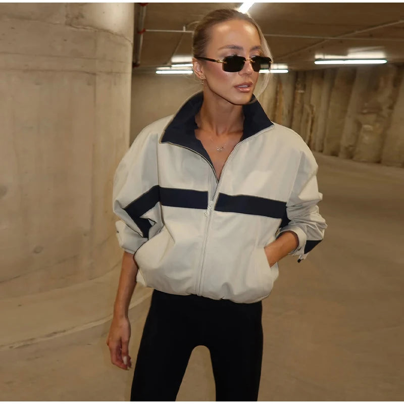 Color Block Zip Up Cropped Jacket With Stand Collar For Women