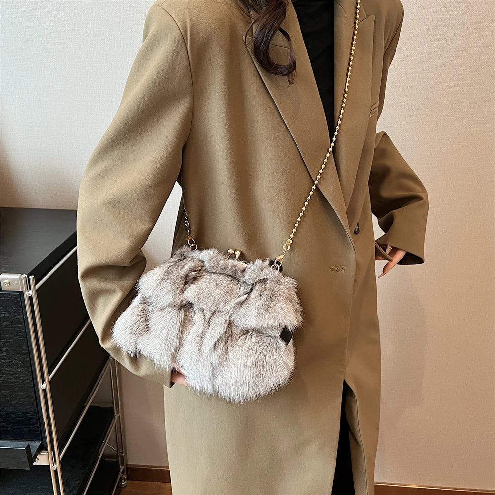 Luxurious Fox Fur Evening Clutch with Chain for Women