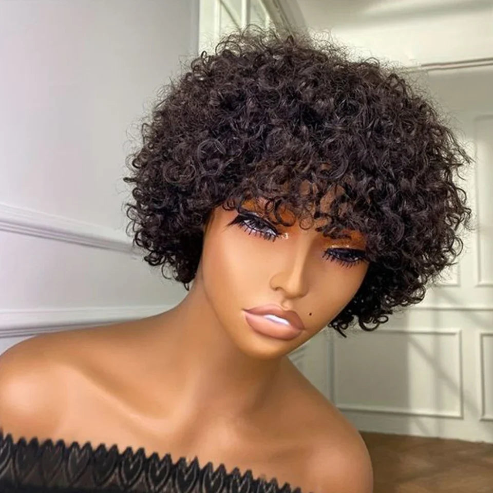 Short Kinky Curly Pixie Bob Human Hair Wig for Women