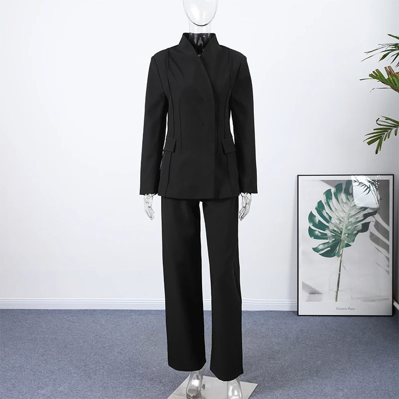 Women's Pant Set Office Elegant V-neck Full Sleeve Blazers High Waist Straight Pants Female Sets 2026 New Winter Woman Outfits