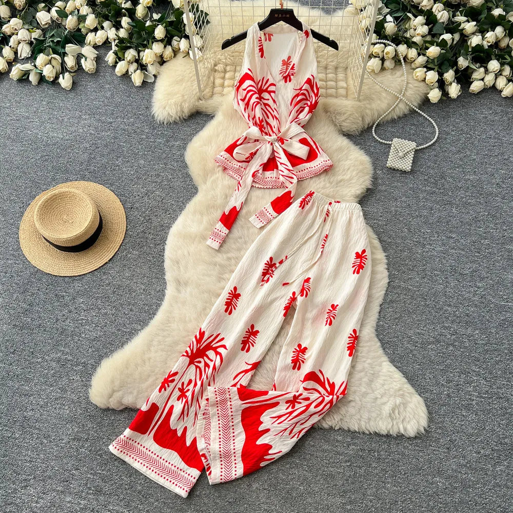 Boho Print Lace-Up Tank Top and Wide-Leg Pants Set for Women