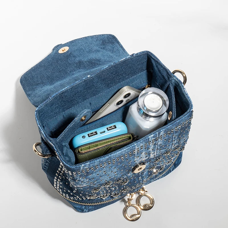 Diamond Embellished Denim Multiway Backpack for Women