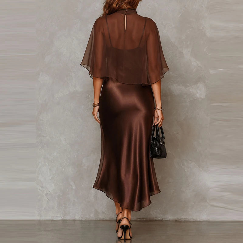 Women's Casual Sleeveless Silk Chiffon Skirt Sets Elegant Sheer Solid Mermaid Suits Sexy V-neck Sling Long Dress & Cape Outfits