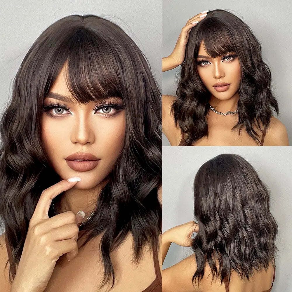 Heat Resistant Short Wavy Bob Wig With Bangs for Women