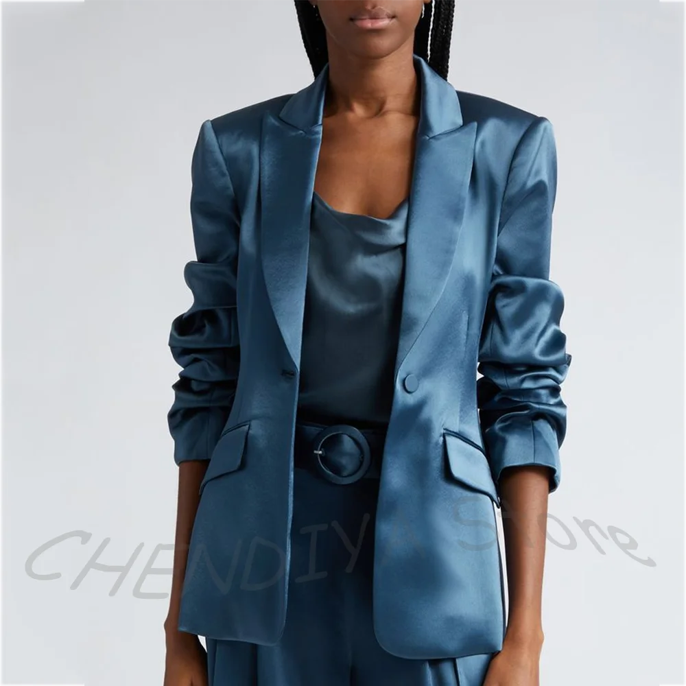 Women's Two Pieces Set Satin Peaked Lapel Elegant Fashion Single Button Straight Professional Tailor-Made Jacket with Pants