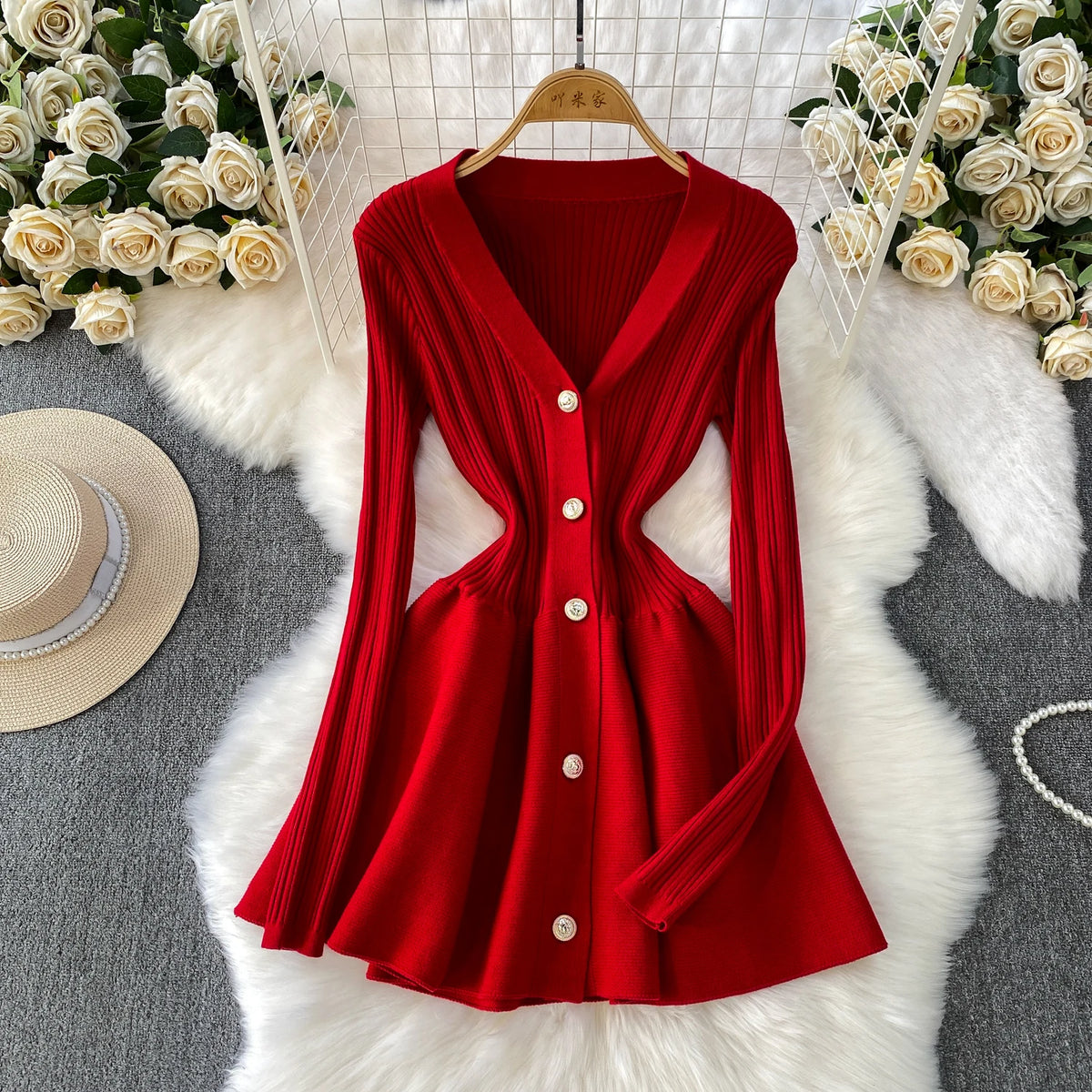 V Neck Knit A Line Long Sleeve Mini Dress for Women