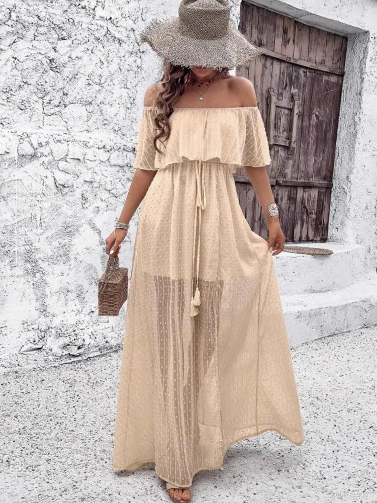 Boho Off Shoulder Short Sleeve Maxi Dress for Women