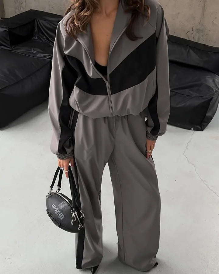 Casual Contrast Color Zipper Tracksuit Set for Women