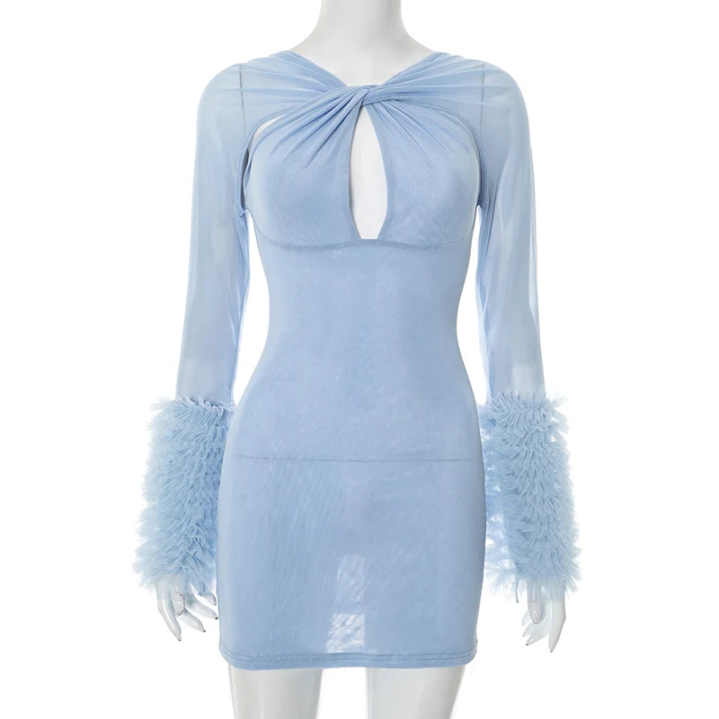 Weird Puss Furry Patchwork Dress Women See Through Full Sleeve Sexy Hollow Cross Elegant Luxury Banquet Birthday Party Clubwear