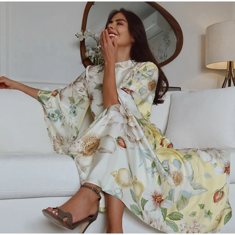 Elegant Print Dress with Stand Collar and Flare Sleeves for Women