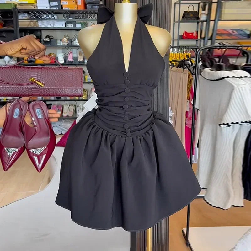Summer Backless V Neck Butterfly Knot Mini Dress for Women