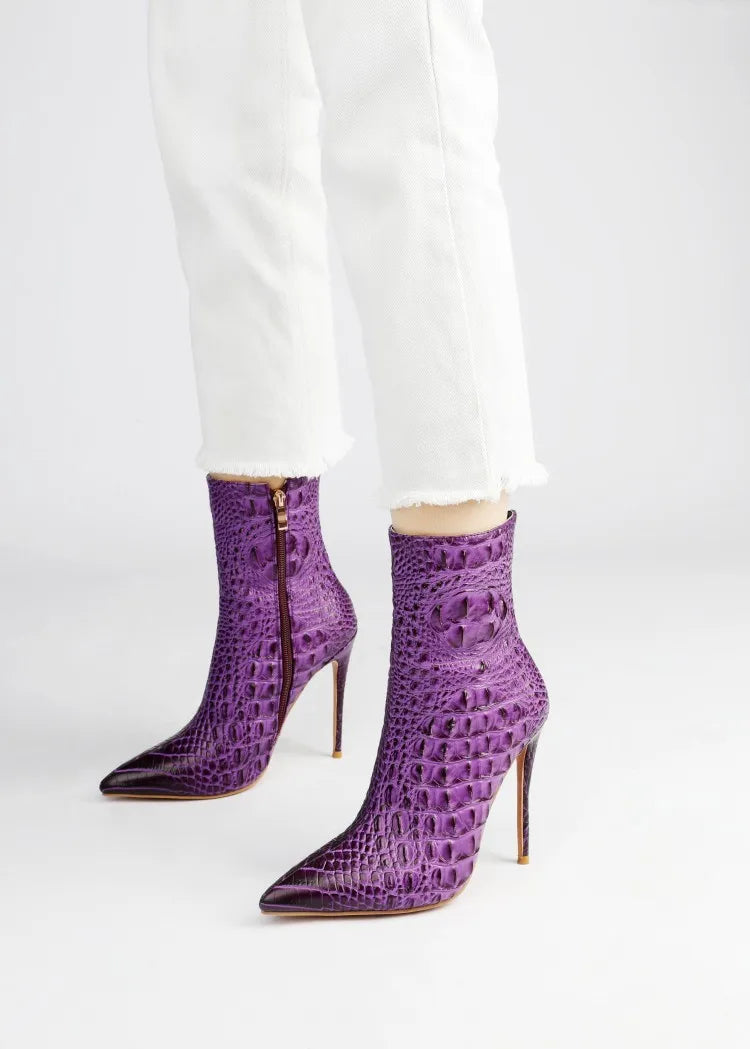 Purple Crocodile Stiletto Ankle Boots