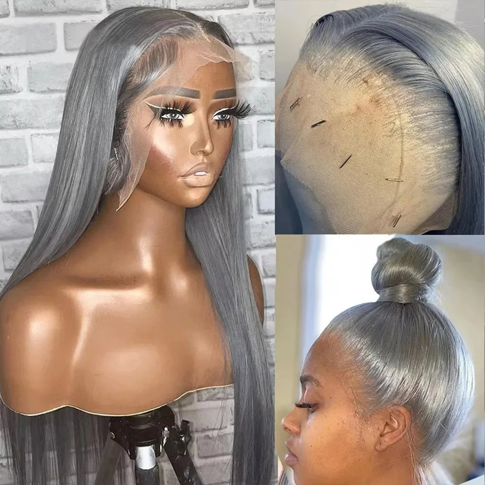 Grey Straight Lace Front Wig With Preplucked Hair for Women
