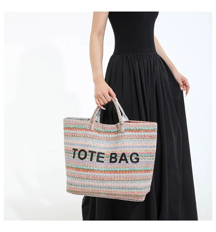 New straw woven bag, large capacity tote bag, crossbody striped letter contrasting beach bag