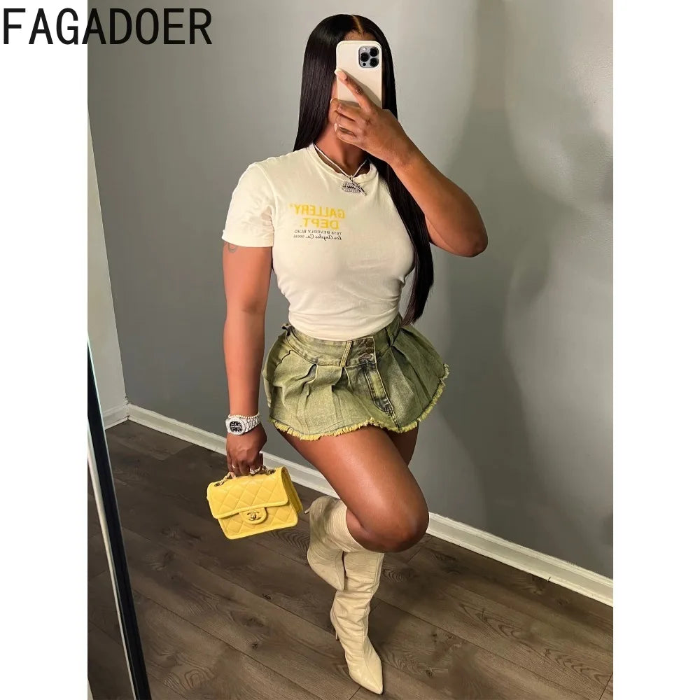 FAGADOER Y2k Denim Shorts Women Pleated Skirt Shorts Summer Stretchy Casual Shorts Retro 90s Fashion Streetwear Short Pants