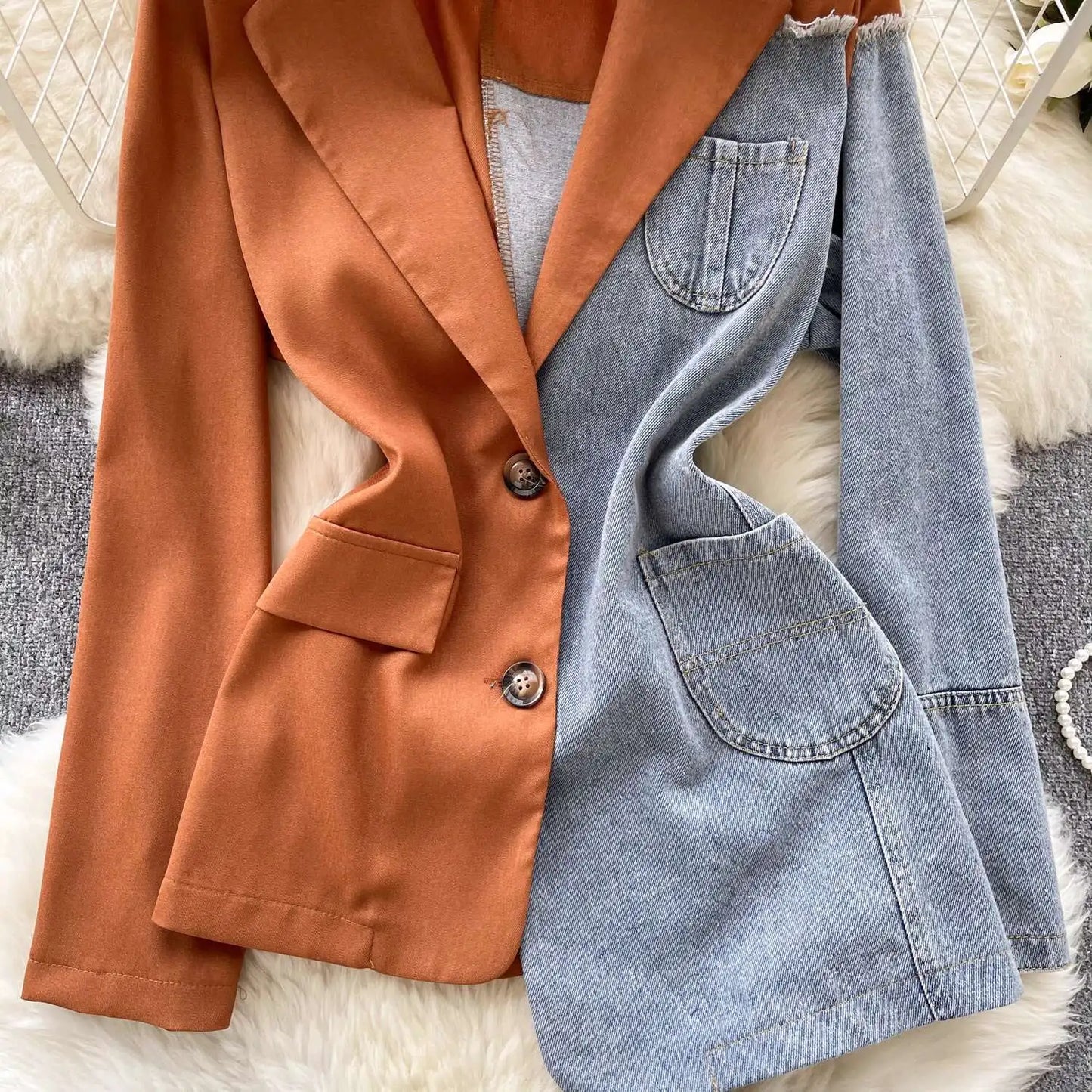 ANJY Autumn New Women Vintage Streetwear Ins Stylish Denim Patchwork Single Breasted Coat Casual Elegant Asymmetric Blazer A8421