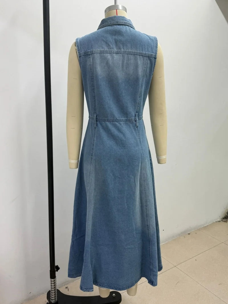 Sleeveless Lapel Denim Midi Dress With Pockets for Women