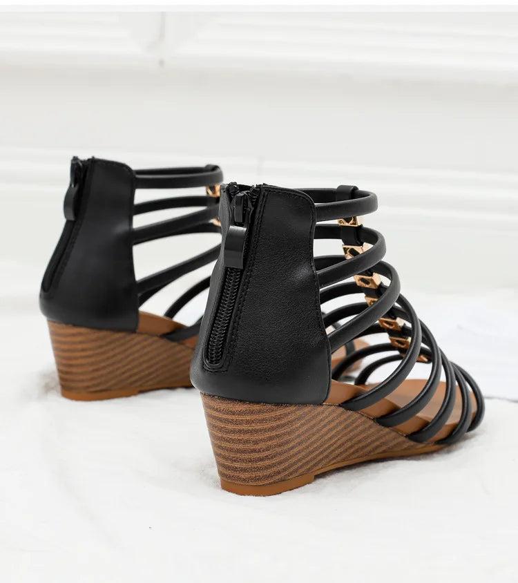 Vintage Hollow Roman Wedge Sandals Round Toe For Women