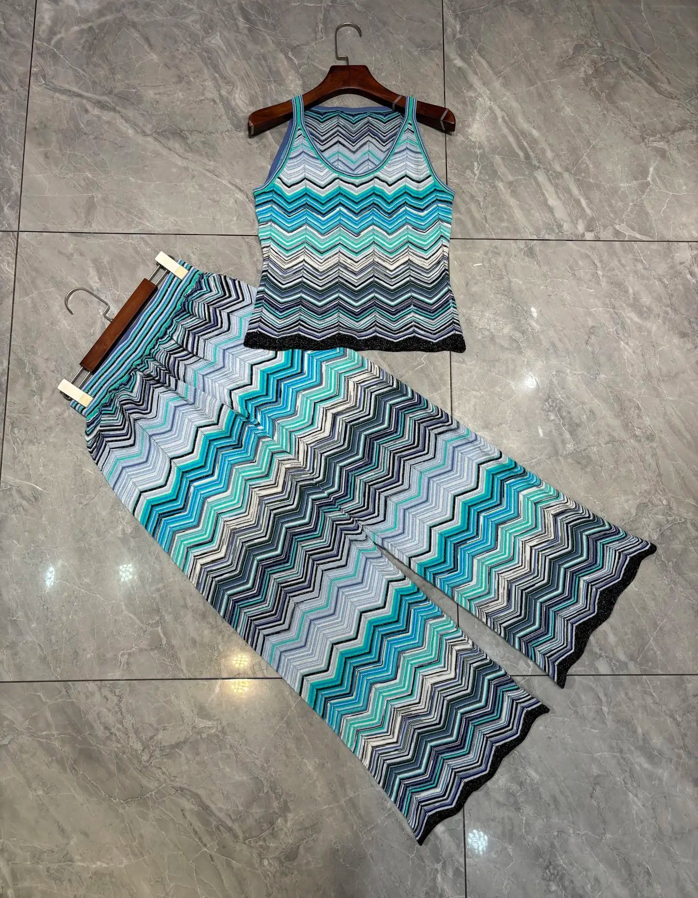 Blue Chevron Knit Sleeveless Top and Wide Leg Pants Two Piece Set for Women