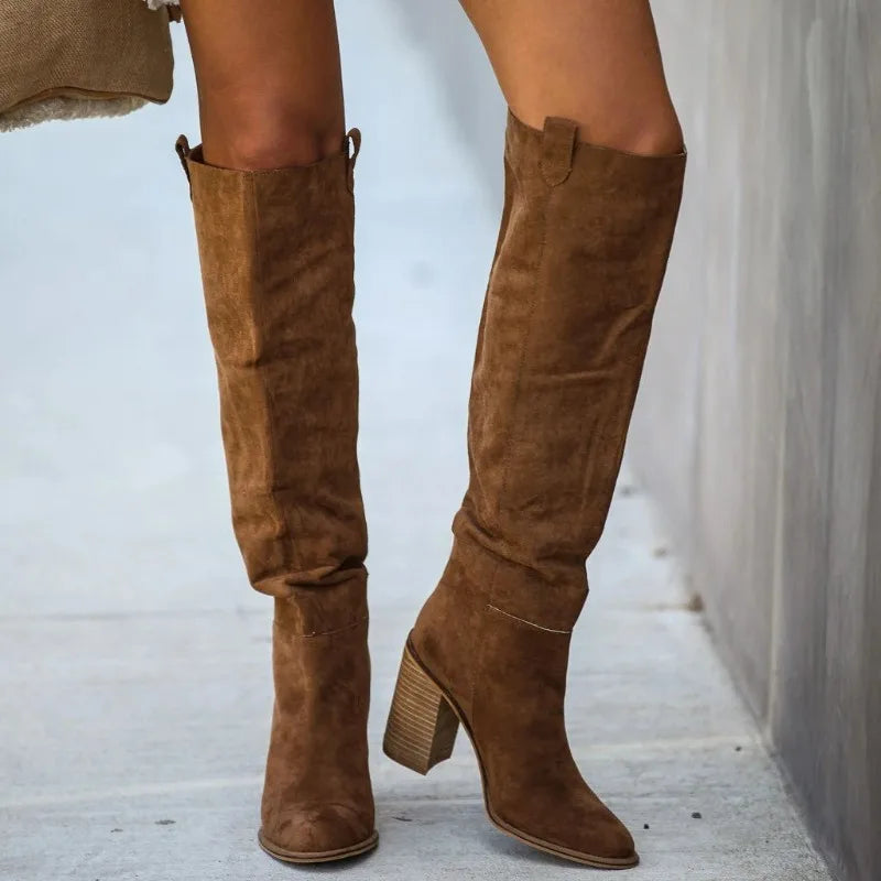 Suede Pointed Toe Knee High Platform Boots for Women