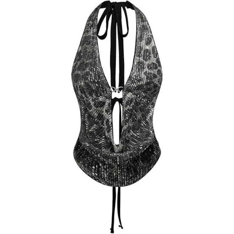 Sequin Snake Print Open Back Sleeveless Halter Top for Women