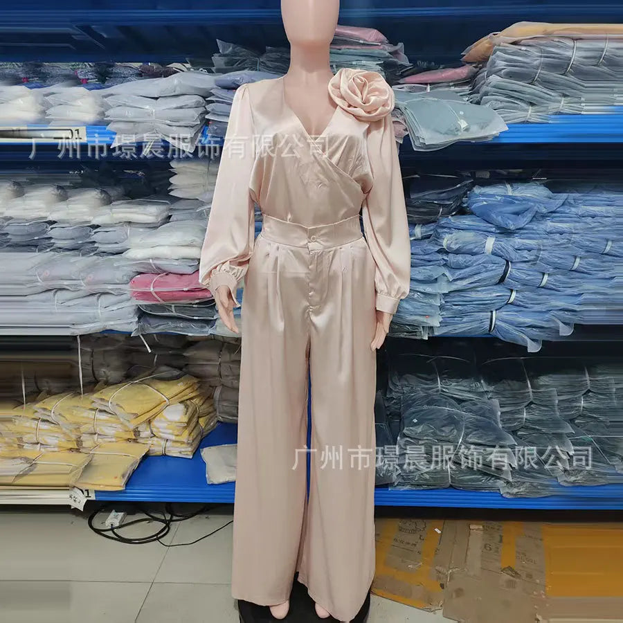 Pant Set Women Two Piece Sets V Neck Matching Sets Floral Slim Fit Tops Wide Leg Long Pants High Waist Y2k Elegant Retro 2025