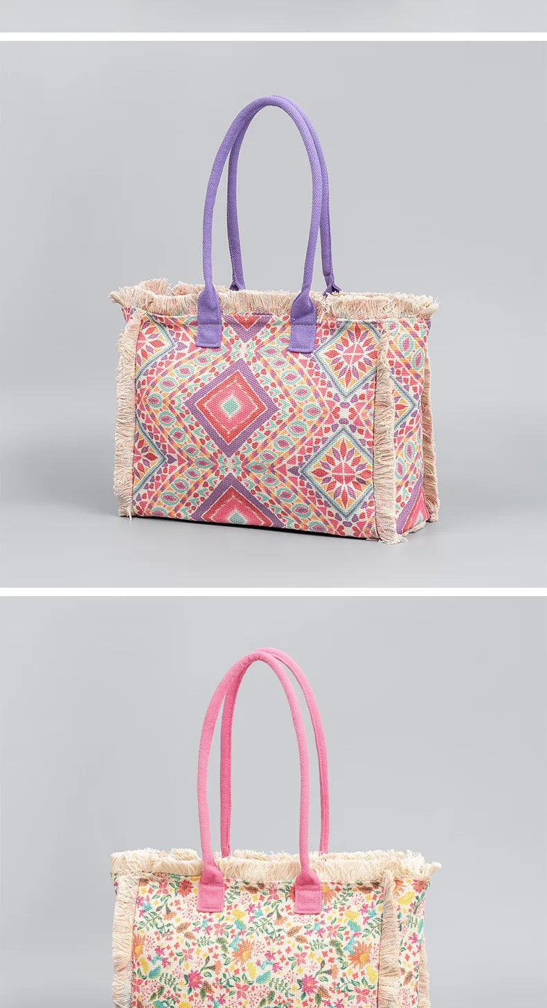Tote bag Bohemian retro shoulder bag Zipper handbag Large capacity canvas bag Women's summer