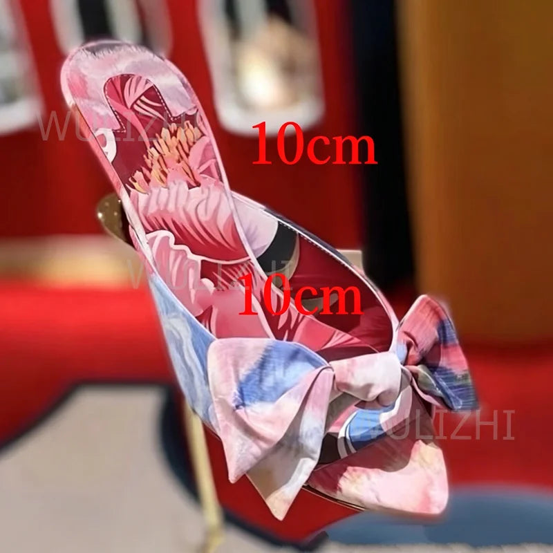 Blue Silk Bow Leather Knotted Open Toe Sandals for Women