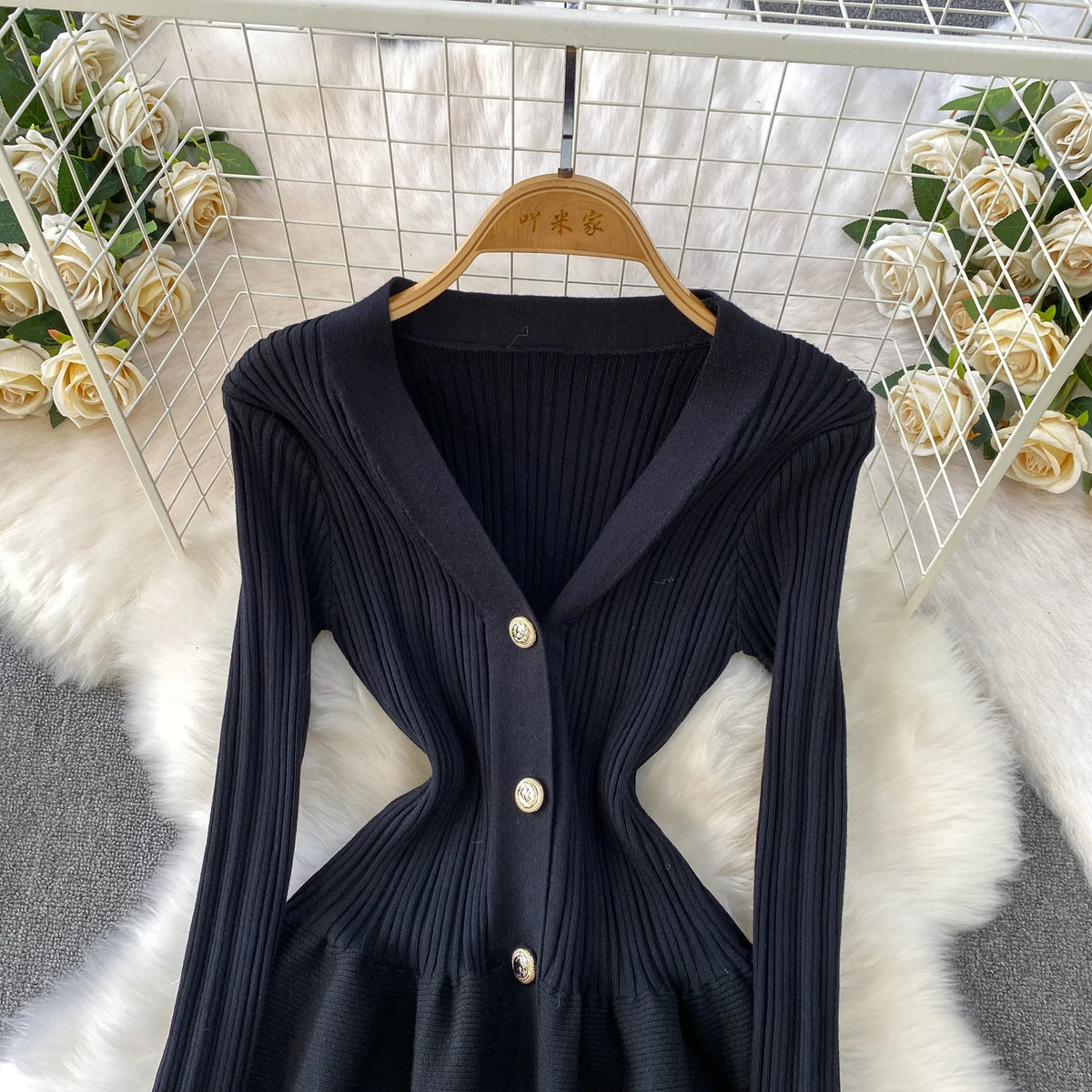 V Neck Knit A Line Long Sleeve Mini Dress for Women