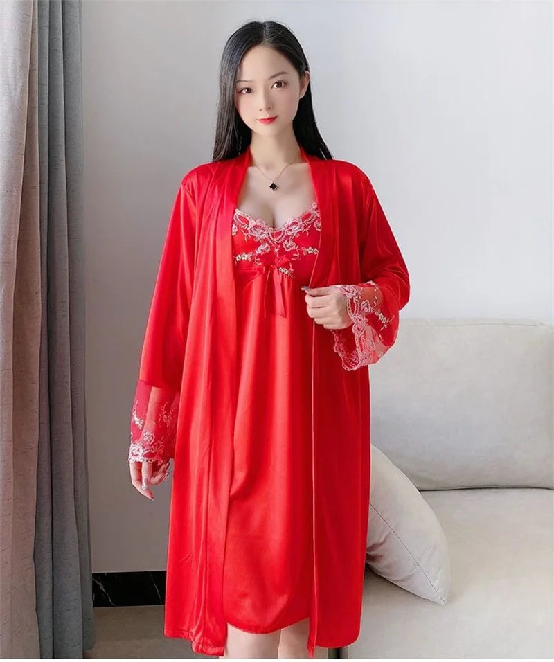 Comfortable Relaxed Fit Lace Up Two Piece Robe Set For Women