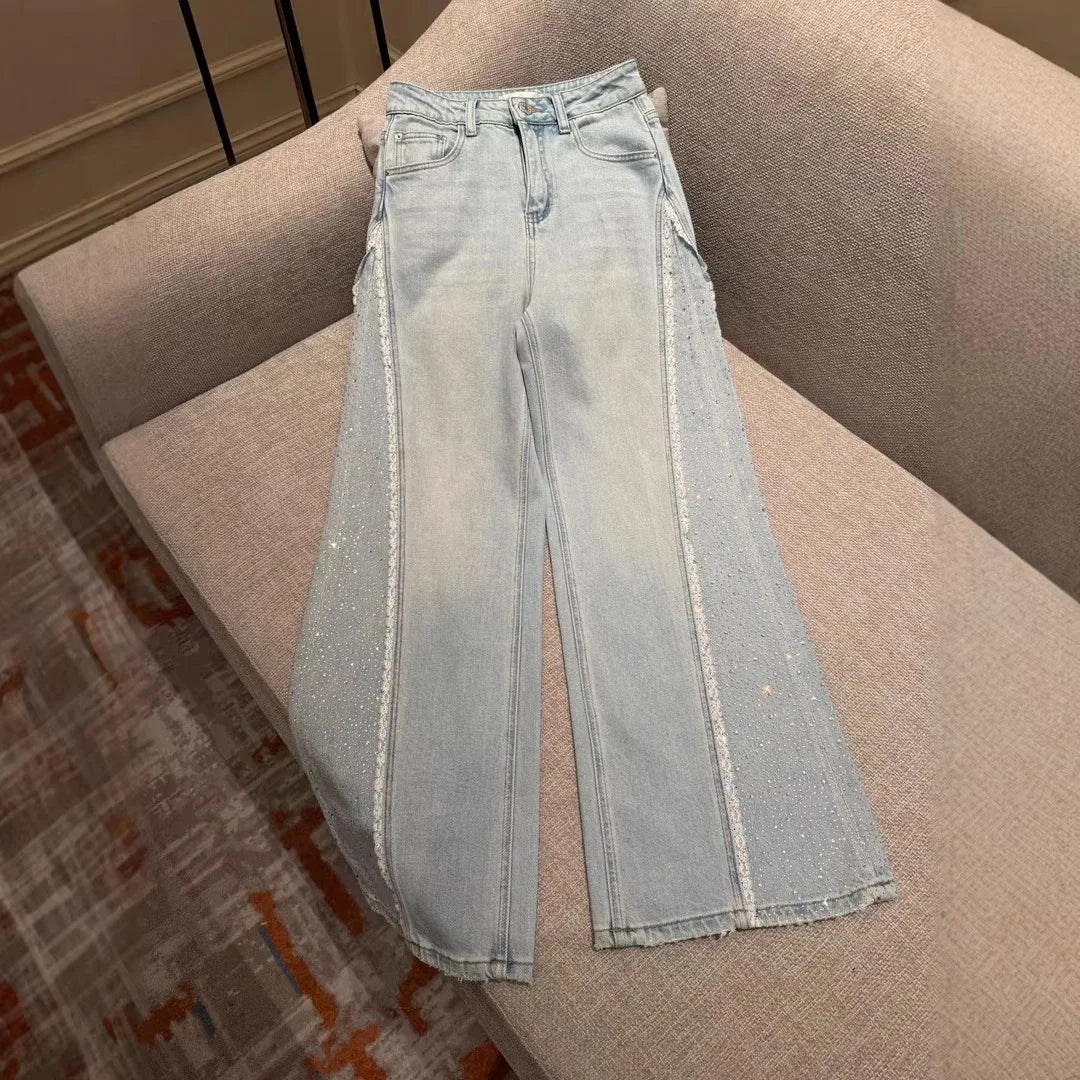 Heavy Rhinestone Embellished Washed Denim Straight Leg Jeans for Women