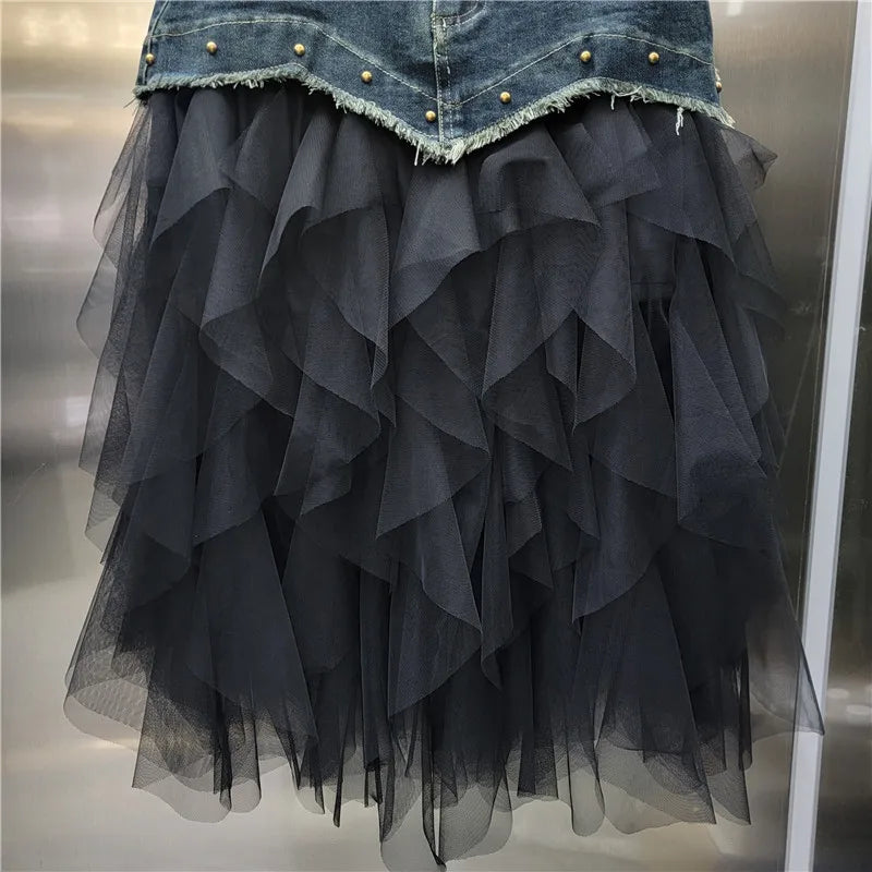High Waist Patchwork Denim Ruffle Knee Length Skirt for Women
