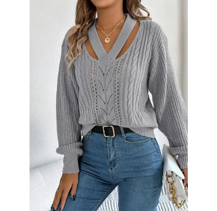 Casual Sweater Women Streetwear Hollow V-neck Elegant Lantern Sleeve Head Tops 2024 Autumn/Winter New Long Sleeved T-shirt Y2k