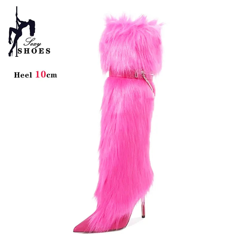 Elegant Faux Fur Knee High Stiletto Boots for Women