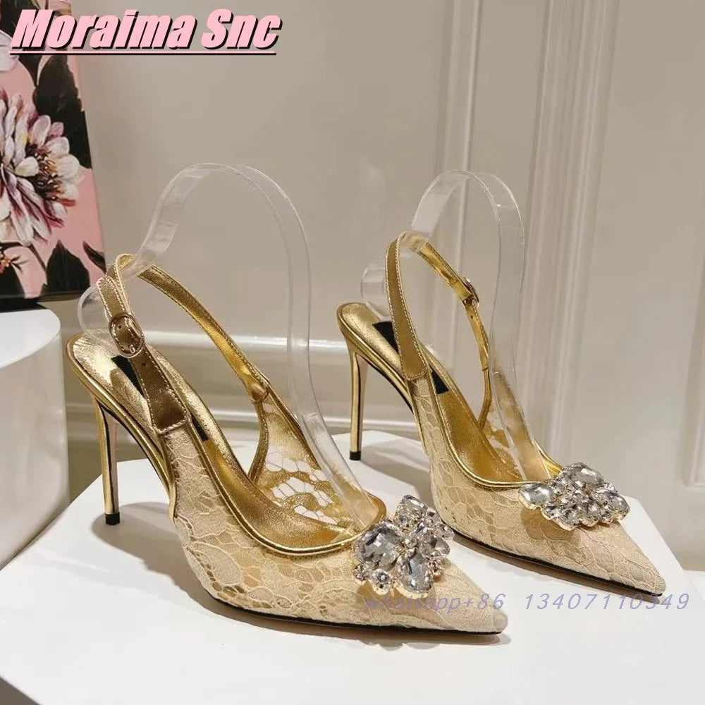 Elegant Crystal Lace Pointed Toe Slingback Sandals for Women