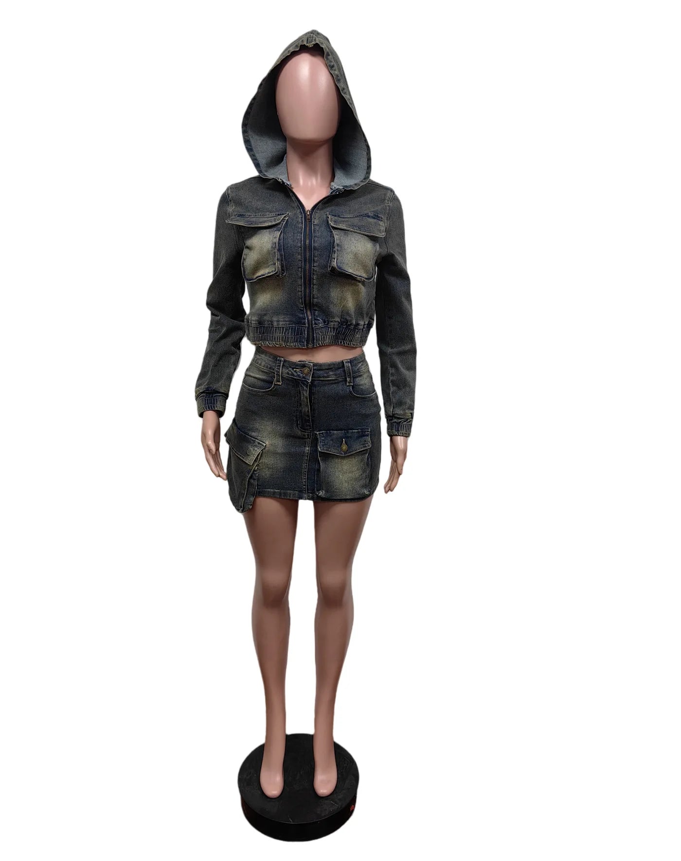 Retro Denim Patchwork Cargo Two Piece Set for Women