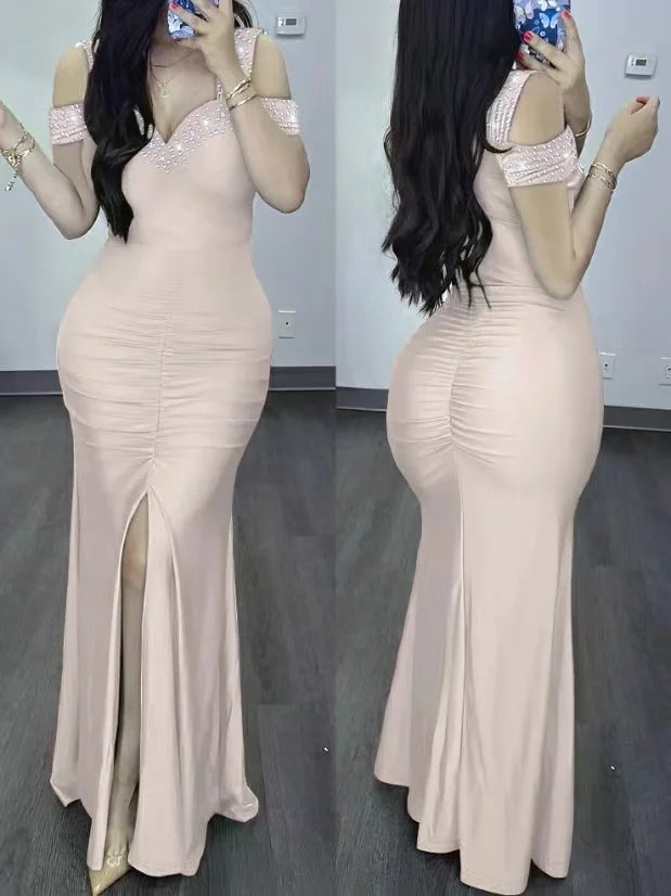 Evening Dresses Women Clothes Fashion Rhinestone Cold Shoulder Slit Ruched Party Elegant Long Bodycon Dress Summer 2024 New