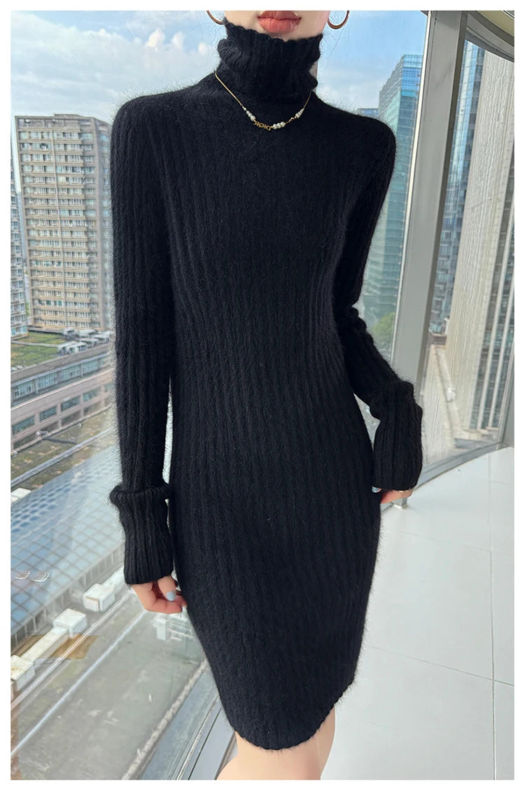 High Neck Slim Fit Stretch Knit Mini Dress for Women
